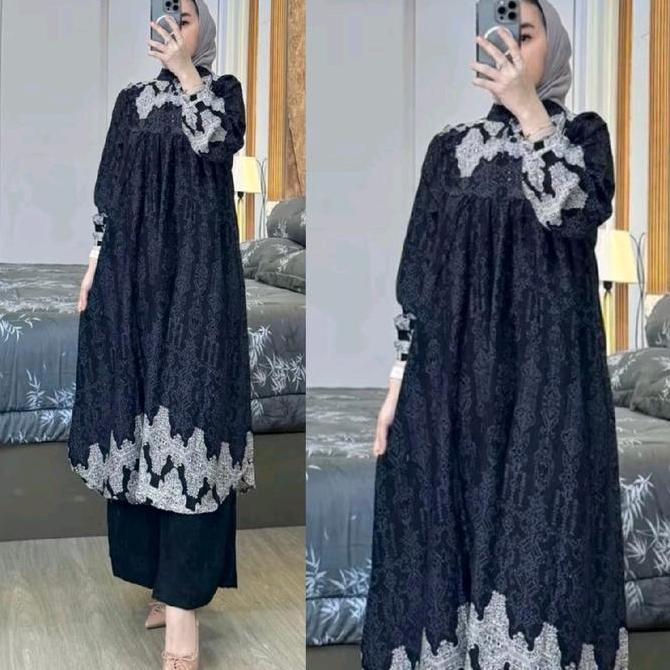 MONA SET Rayon x Crinkle Muslim Wanita Setelan Katun Motif