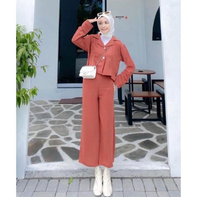 One set/Setelan kemeja crop top lengan panjang Cringkle celana haighwaist Airflow Setelan Crinkle Ny