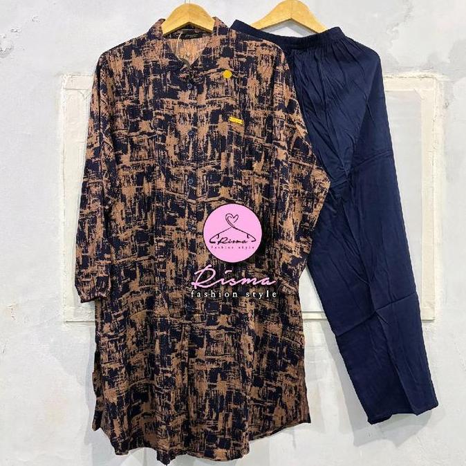 Setelan Tunik Rayon Litta Motif Bunga Bahan Rayon Twill Premium Lengan Karet Celana Panjang Setcel W