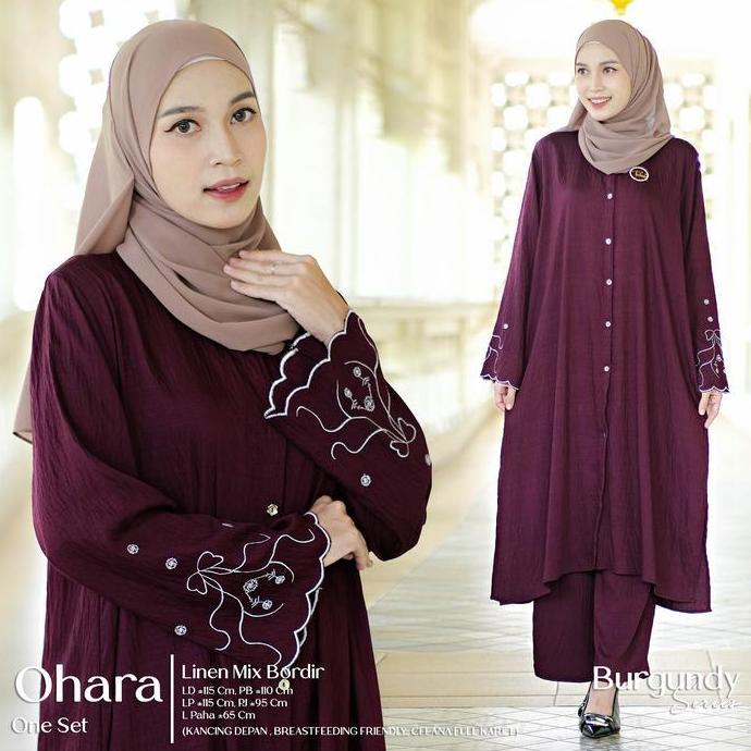 Setulus Signature Ohara One Set Wanita Muslim Linen Mix Bordir Motif Polos Kombinasi Bordir Bunga On