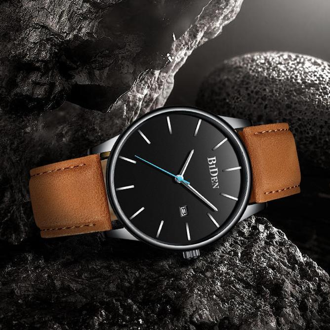 Biden Jam Tangan Pria Kalender Bisnis Tali Kulit Jam Tangan Cowok