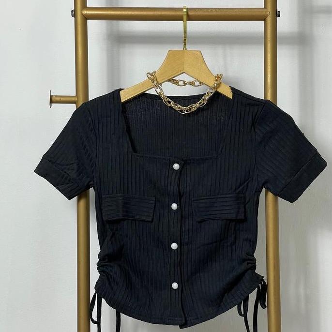 Blouse Knit Serut Samping Wanita / Atasan Square neck Button Rib 5288 Knitwear Top Crop Kancing