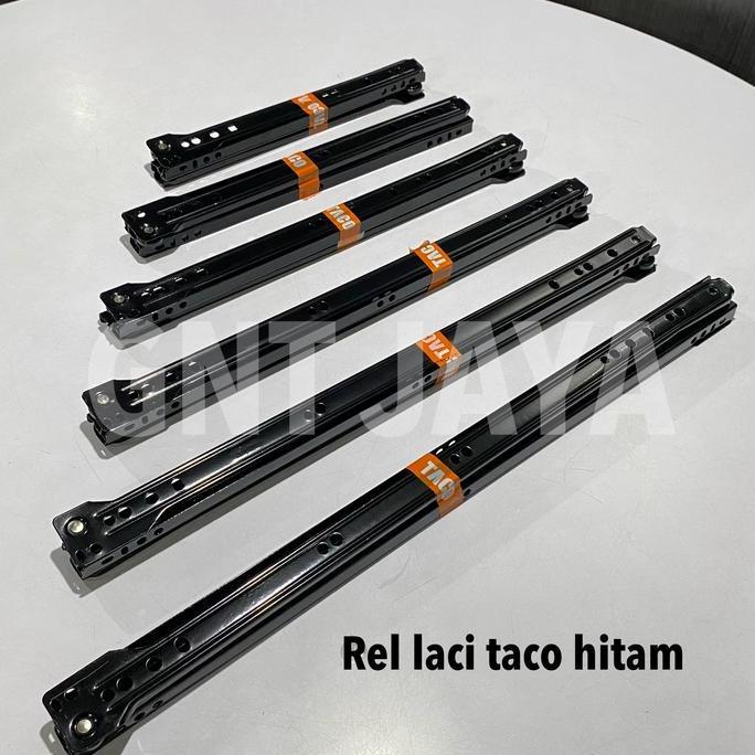 Rel laci merk TACO 1Pasang  warna hitam Rel laci lemari taco