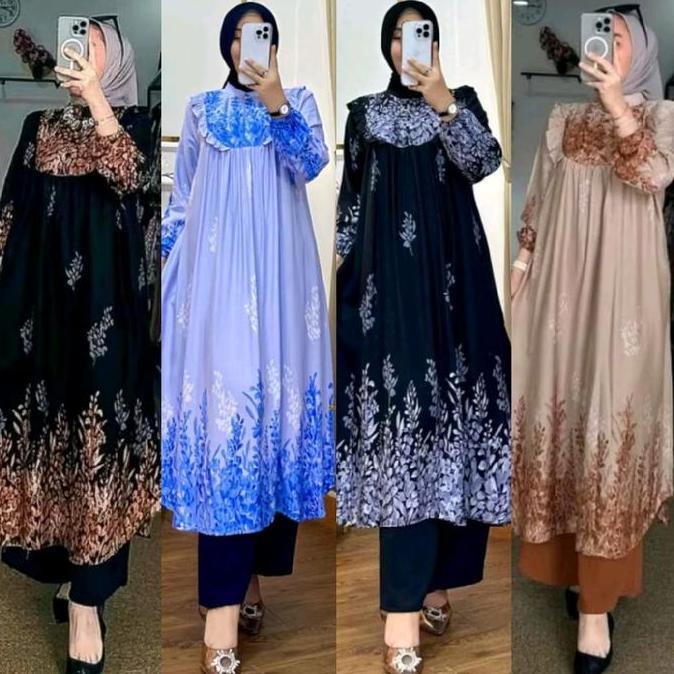 Set Tunik Dan Celana One Set Long Tunik Bahan  Rayon Diamond Mix Crinkle Airflow