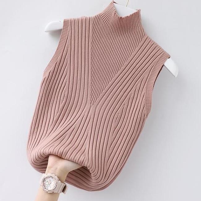 Hallyu Inner Rajut Wanita Baju Dalaman Manset Knit Tanpa Lengan El Garis Elegant Qbd