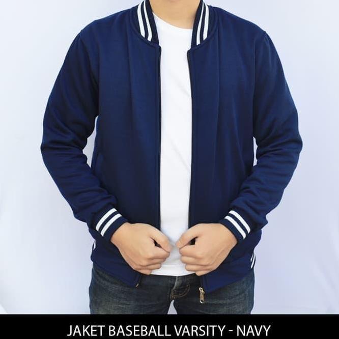 Jaket Varsity Jaket Baseball Varsity Polos Biru Navy Cotton Fleece