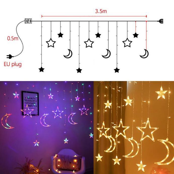 Lampu Hias Kelap-kelip Bintang Bulan Lampu Natal Tirai Led Lampu Hias Kamar Dekorasi