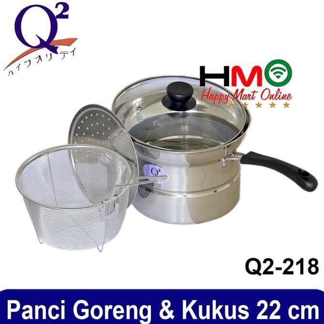 Q2 Panci Goreng Kukus Stainless Diameter 22 CM Q2-218 Tutup Kaca Deep Fry Pan 22CM Q2 218 Panci