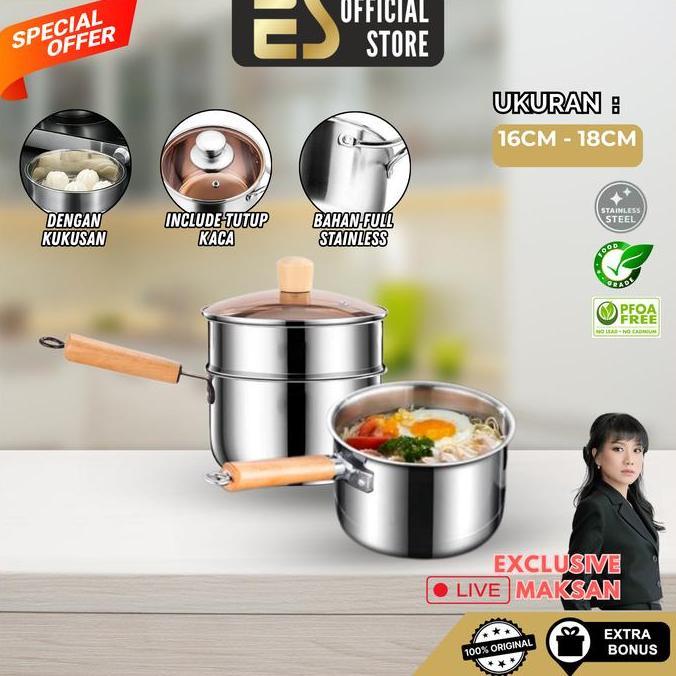 [ES x Mak San] Panci Susu Panci Mie Panci Sup Stainless Steel Dengan Kukusan Ukuran 16cm 18cm Gagang