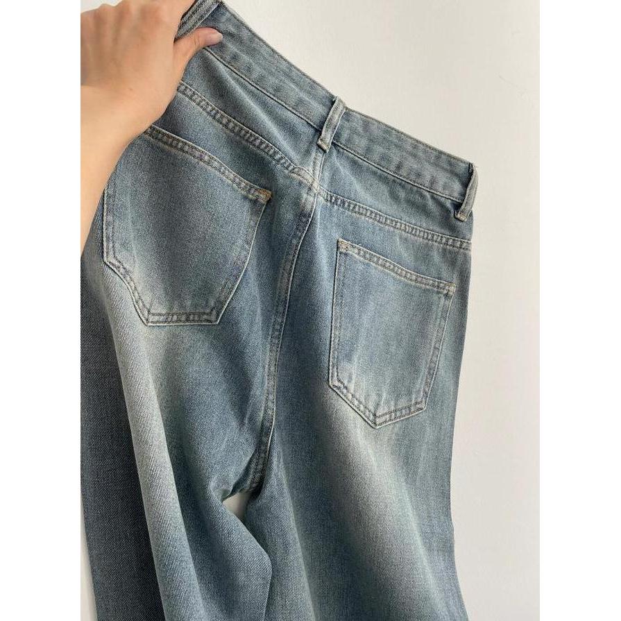 Luck WanitaRetro Lurus Korea Celana Jeans Wanita Highwaist