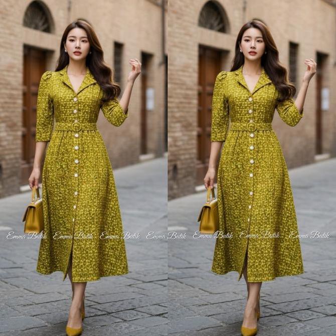 Emma Butik E00196 Midi Dress Jacquard Gaun Wanita Formal Dress Kancing Dress Gereja Mewah Panjang Ca