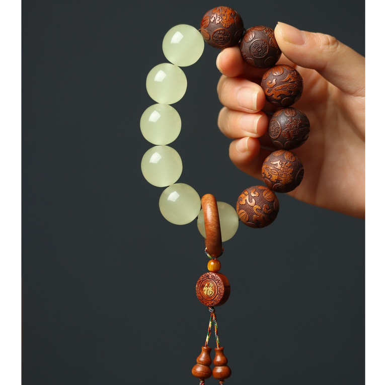 Gelang Buddha Kayu Huanghuali 20mm dengan Pixiu - Aksesori Wenwan Pembawa Rezeki