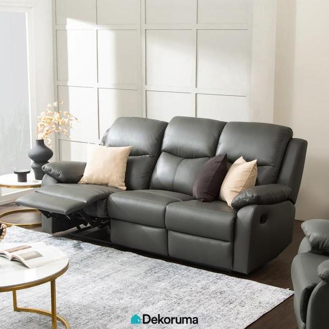 Terbaru Dekoruma Maeda Sofa Recliner 3 Dudukan Kain / Sofa 3 Seater - Abu-Abu Tua