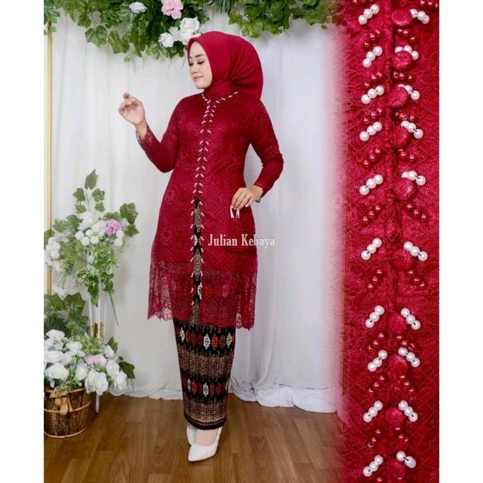 DR164 - Setelan Pasangan Kebaya Brokat Busui Payet Modern Jumbo Dan Kemeja Batik Ayah Anak Motif Tor