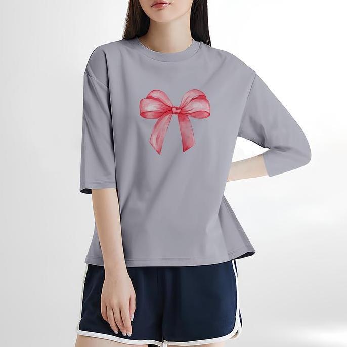 DB241 - MISSHE - Tshirt 3/4 Motif Kaos DTF tied pink ribbon / Kaos Katun 3/4 Wanita / Baju Kaos Wani