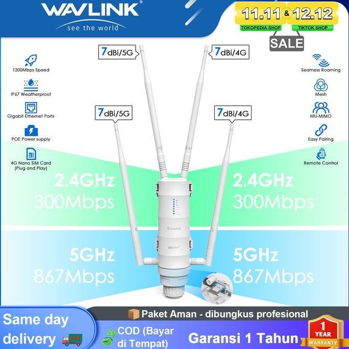 WAVLINK AC1200 Outdoor WiFi Router 4G LTE Dual Band 867Mbps 5G & 300Mbps 2.4G 4x Antena 7dBi Jangkau