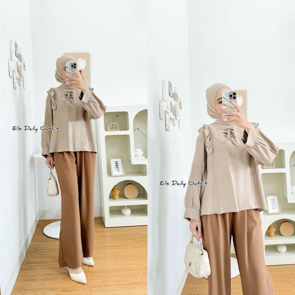 Danisha Blouse Atasan Wanita Rempel Bahu Bahan Polo Linen Blouse Wanita