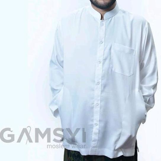 Baju koko linen polos habaib kerah samghai/ Koko Gamsyi lengan panjang Putih Muslim Pria Casual Nyam