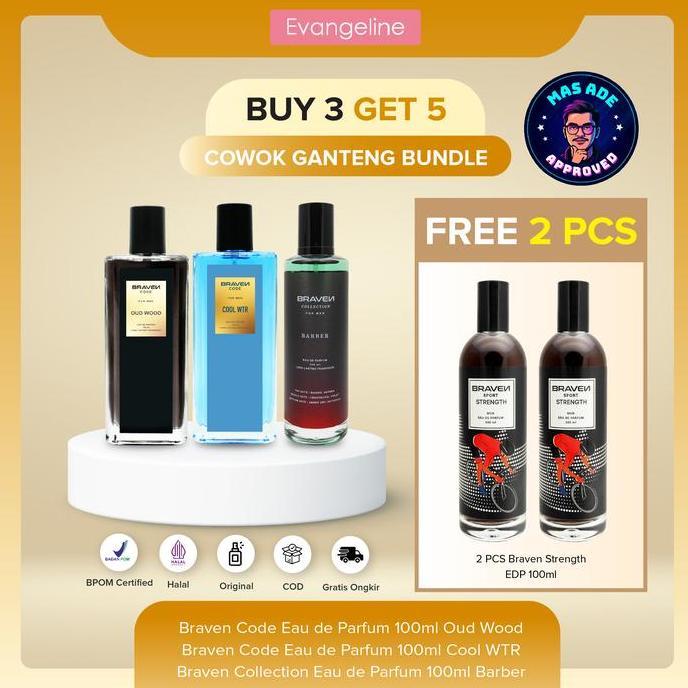 Cogan Buy 3 Get 5Cowok Ganteng Bundle | Braven Eau De Parfum 100Ml - Cool Wtr - Barber - Oud Wood - 