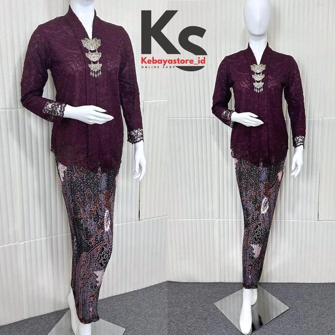 (Free Bross) Setelan kebaya brokat burgundy payet mewah - kebaya modern dan elegan 2025 - Baju dress