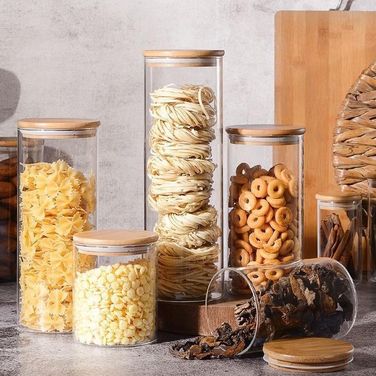 BANMOTSTORE Toples Kaca Makanan Bulat Dengan Tutup Kayu Premium / Toples Snack Kaca / Snack Jar Kaca