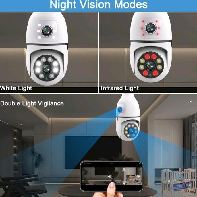 Kamera Cctv Wifi Bentuk Bohlam/ Lampu V380 8Mp Dual Lens 2 Way Suara