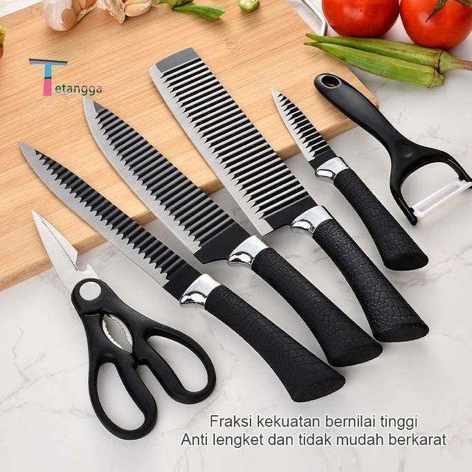 Set Pisau Dapur isi 6pcs Hitam Pisau Set 6 pcs Black Pemotong Gelombang Baja  Tahan Karat/VS 1813