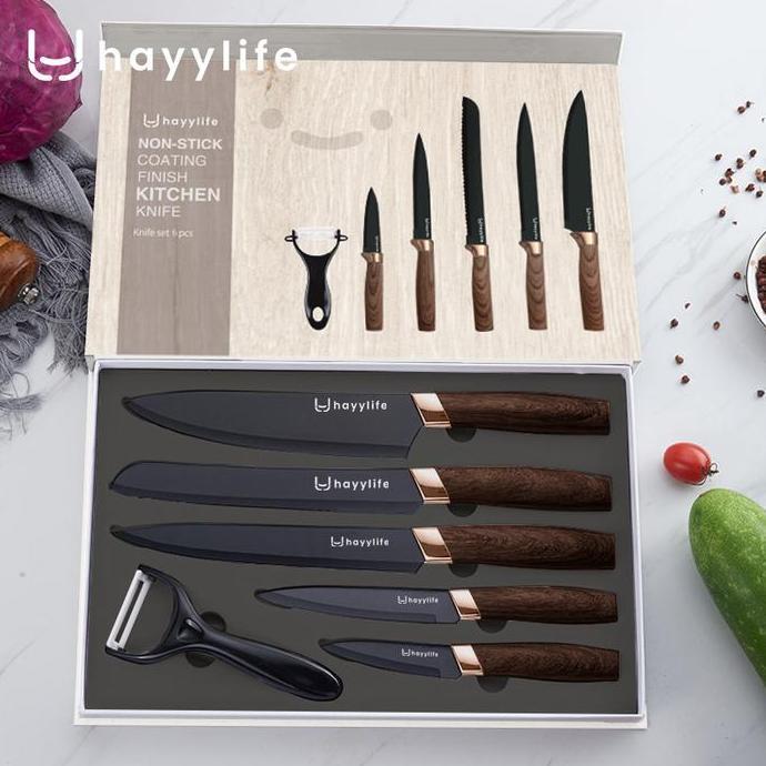 Grosir Hayylife Knife Set Dapur Stainless Steel 6 In 1 Gagang Kayu / Set Pisau Dapur Baja Hitam Ruma