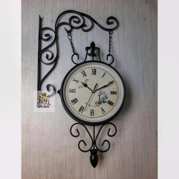 Jam Gantung Dua Sisi Shabby Vintage Garden Gaya Klasik Eropa Home Decor Besi