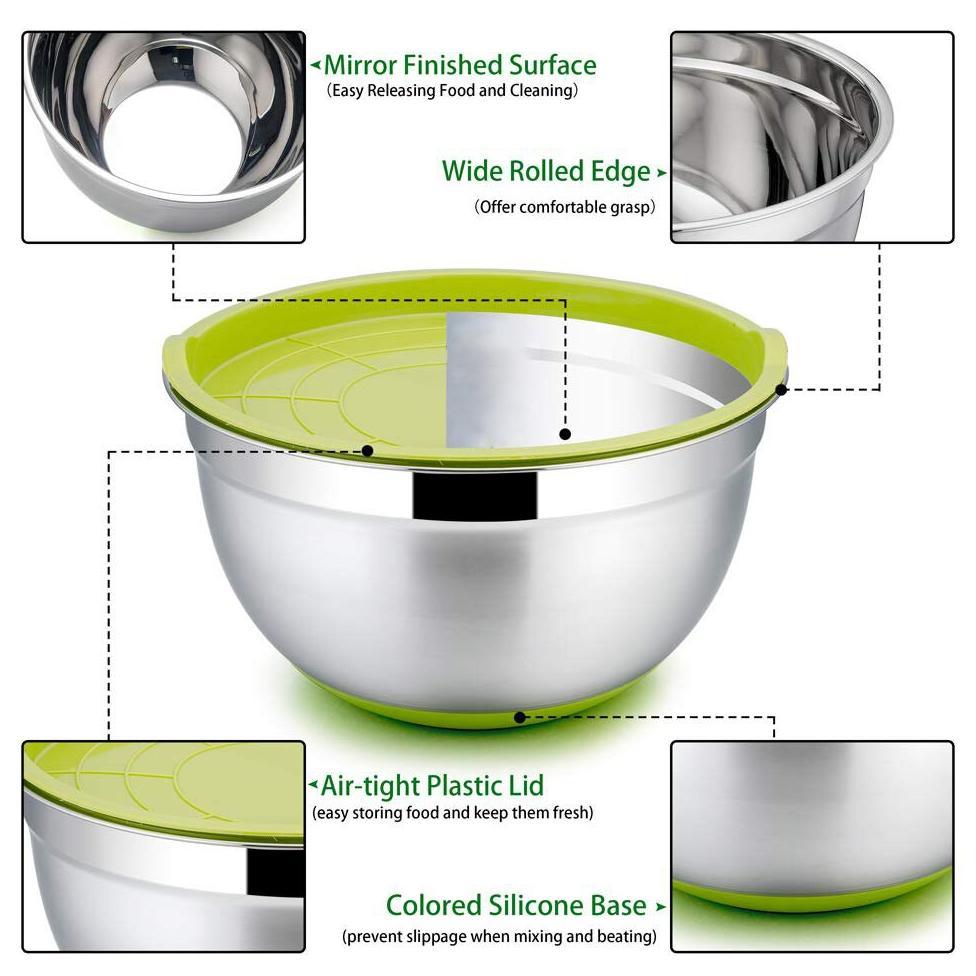 Mangkok Mixing Bowl Stainless Silicone Bottom 18Cm Tutup Plastik