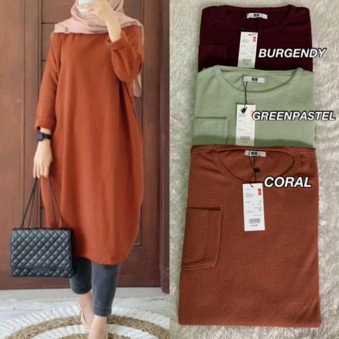 Tunik Waffle Knit Wanita Terbaru Oval / Long Tunik Knit Premium Panjang