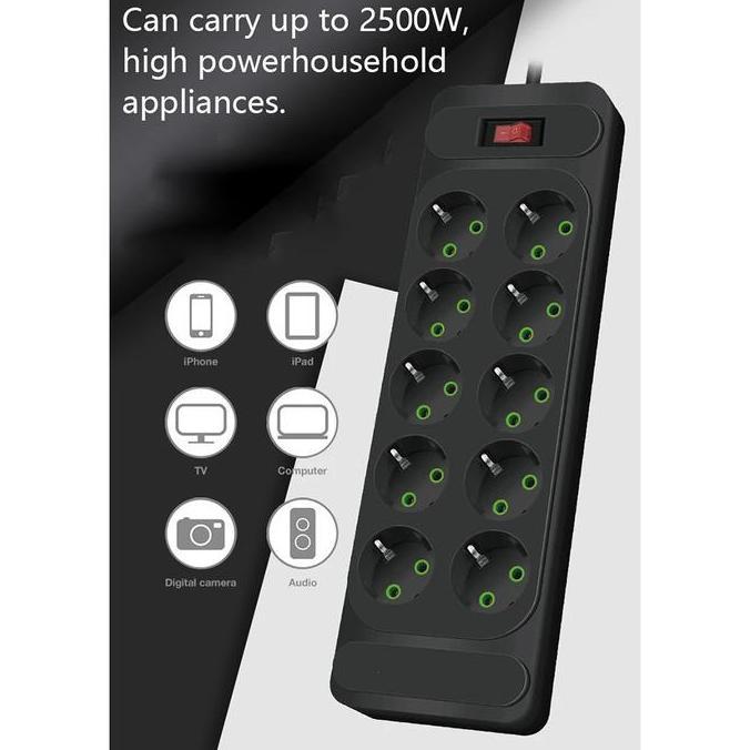 Promo Stop Kontak USB Type C Colokan Listrik 10 Lubang EU Plug Flame Retardant 10A 250V 2500Watt Per