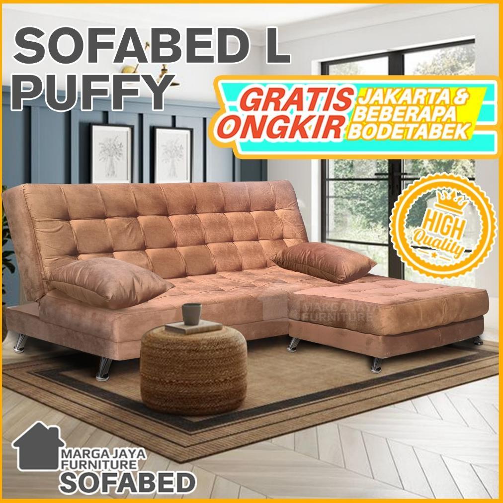 Sofa Bed L Puffy Brown Coklat Reclining + Puff Premium Recline Minimalis Modern Tempat Tidur Kasur L