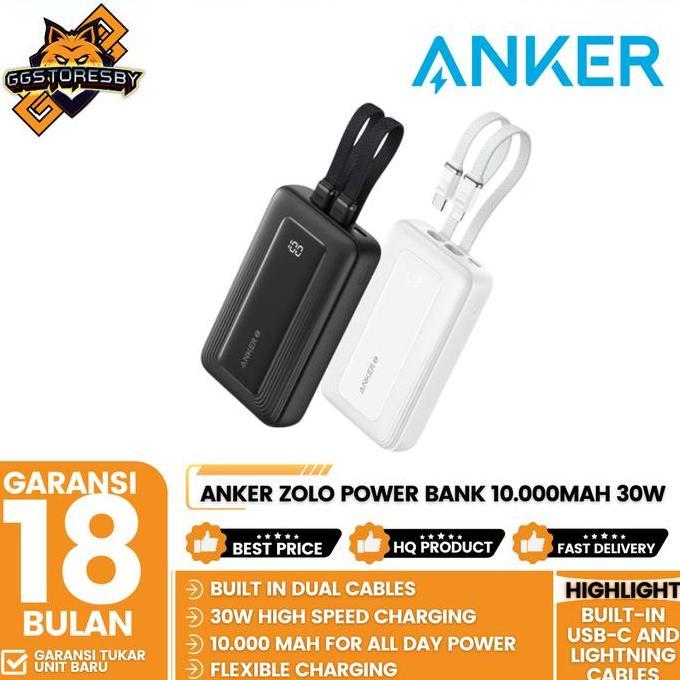 ANKER ZOLO POWER BANK 10.000MAH 30W MAX FAST PORTABLE CHARGER WITH BUILT-IN USB-C AND MFI CERTIFIED 