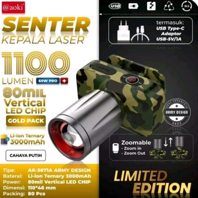 Terjangkau Senter Kepala Aoki Zoom Ak-3671A / Ak-3672K Army Design 60 Watt 1100 Lumen