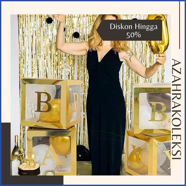 azahrakoleksi 12 inci Kotak Balon Transparan Emas Dengan Stiker Huruf A-Z Untuk Dekorasi Pesta Ulang