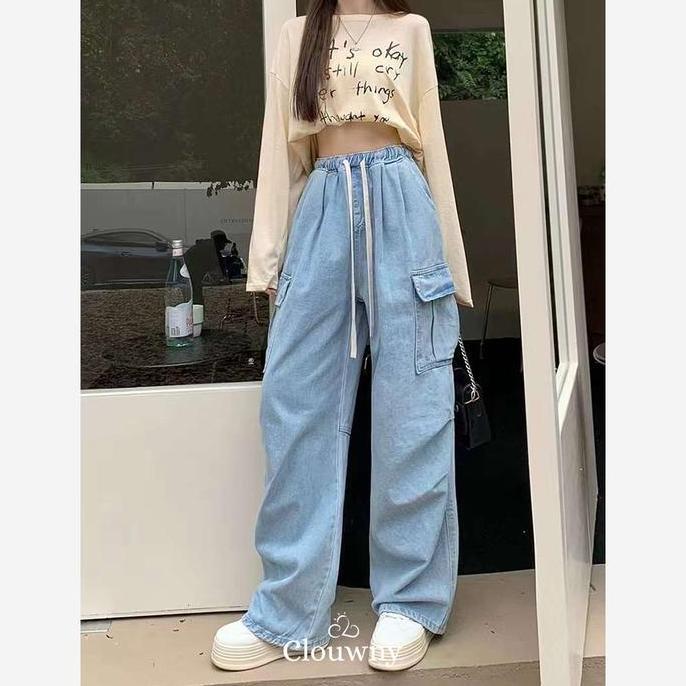 Terlaris Clouwny Joy Cargo Denim Pants Jeans Wanita Korean Look Celana Panjang Cewek Hitam