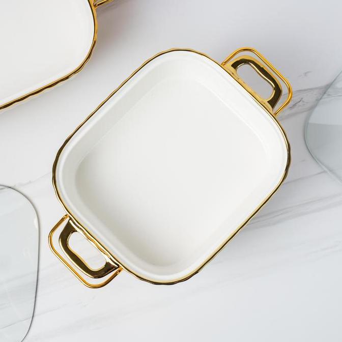 Canada Plate Wadah Piring Saji Prasmanan Keramik / Wadah Penyajian Berpinggiran Gold Rak Besi Perseg