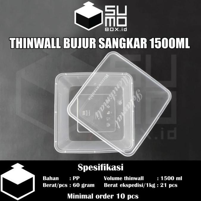 New- [MIN 25PCS] Thinwall BUJUR SANGKAR 1500ml + Tutup / Kotak Makan SQUARE