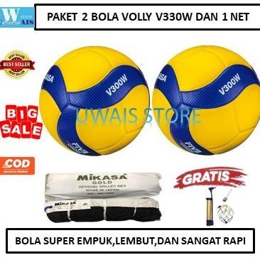 PAKETAN 2 BOLA DAN 1 NET - BOLA VOLLY MIKASA V300W DAN NET VOLI MIKASA GOLD - BOLA SIAP MAIN - BOLA 