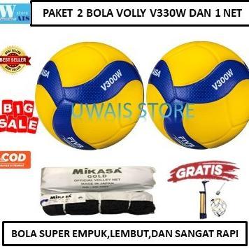 PAKETAN 2 BOLA DAN 1 NET - BOLA VOLLY MIKASA V300W DAN NET VOLI MIKASA GOLD - BOLA SIAP MAIN - BOLA 