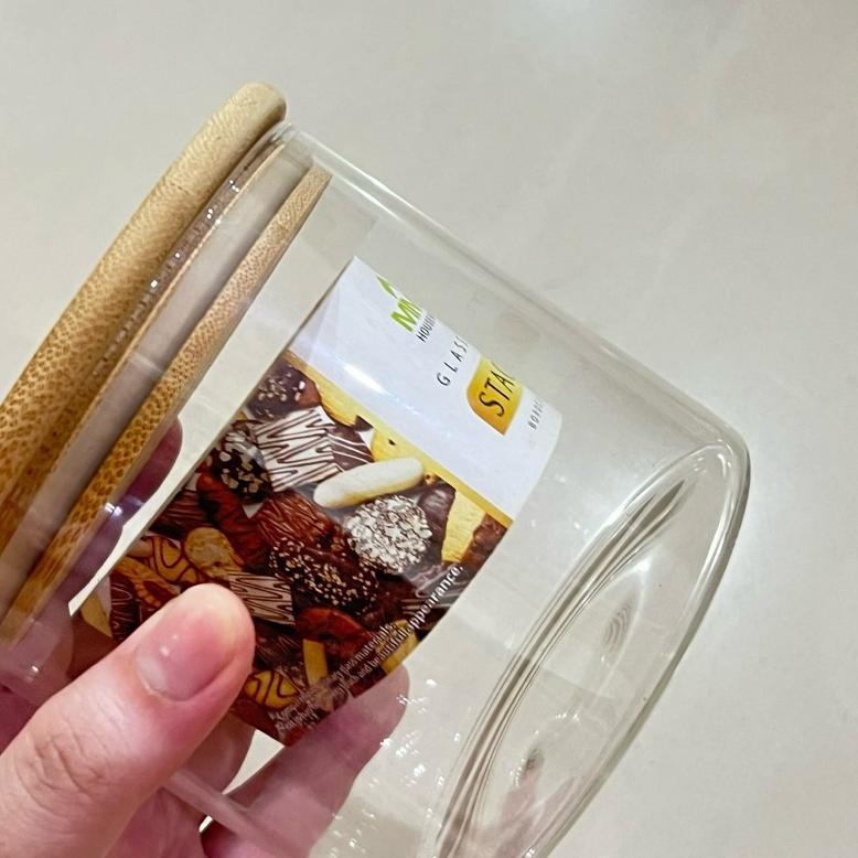 Toples Glass Jar Stacky Tutup Bamboo / Toples Kue Kaca Kedap Udara 600ml