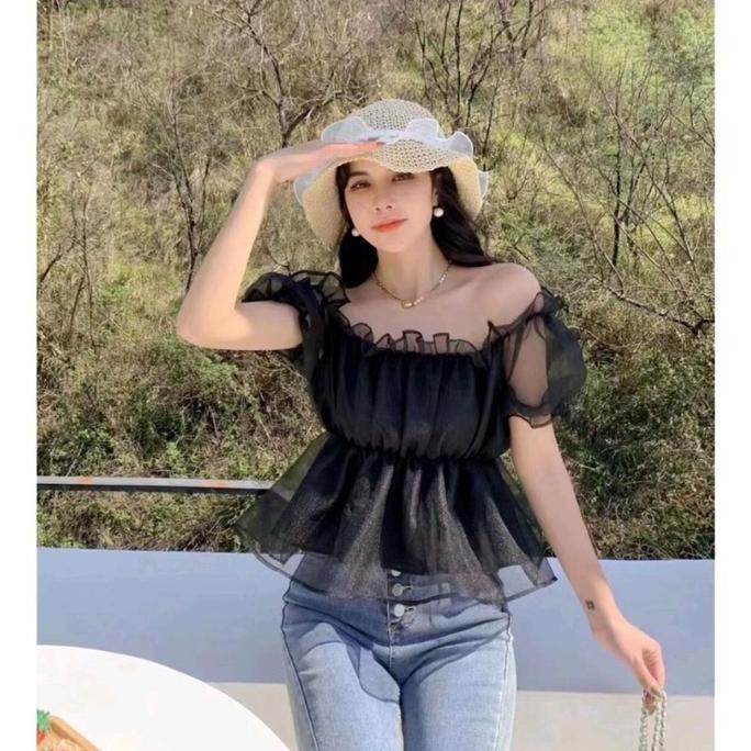 New- Atasan Top Sabrina Korea Style Lengan Pendek / Pakaian Wanita Lengan Pendek Kerut Kaca Organza 