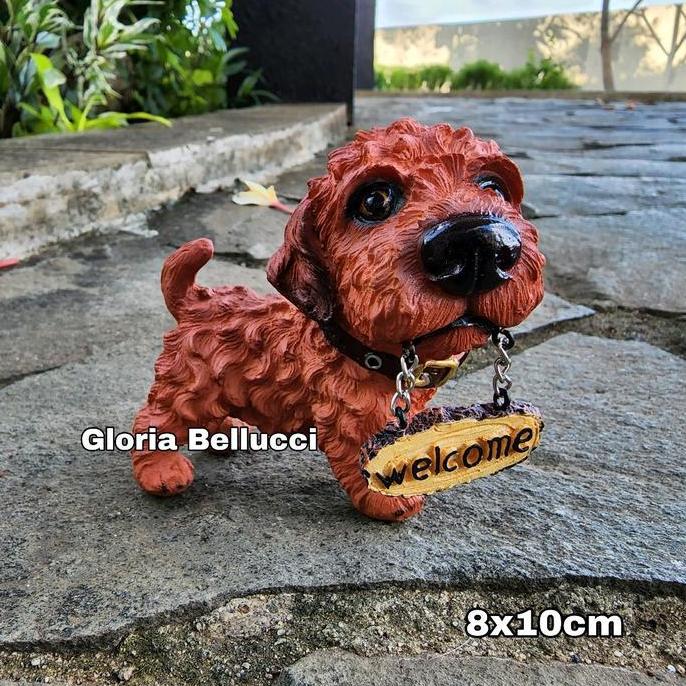 Patung Anjing Red Toy Poodle Pajangan Doggy Welcome