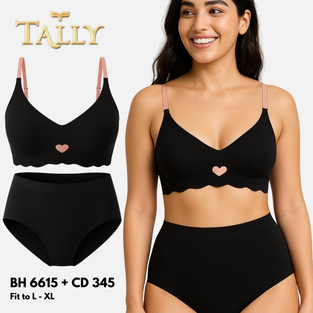 TALLY Sarwendah BH 6615 + CD 345 Khusus HITAM Bra Set Tanpa Kawat Busa Tipis Bahan Seamless Cup B Ka