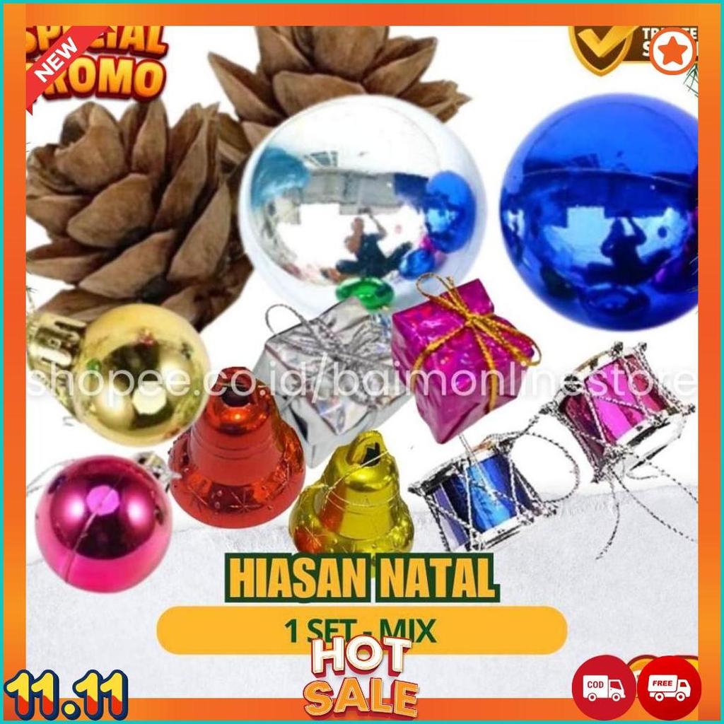 Set Aksesoris Pohon Natal Mini | Bola, Drum, Lonceng, Kotak Kado & Biji Pinus [N1]