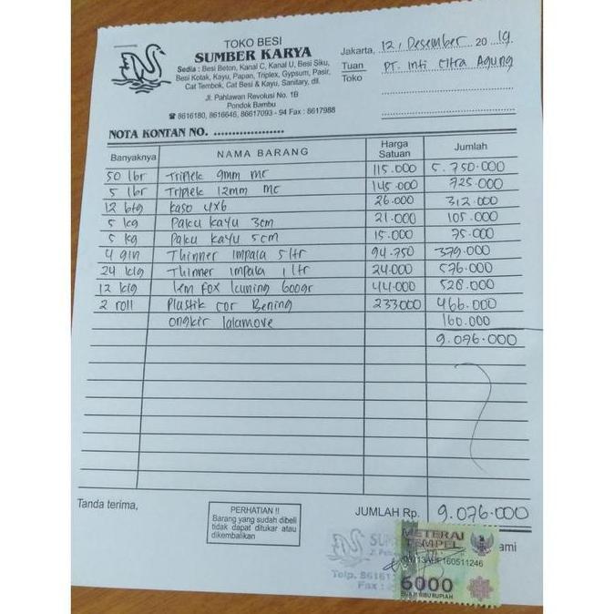 Nota Pt. Inti Citra Agung 12 Desember 2019  Sale