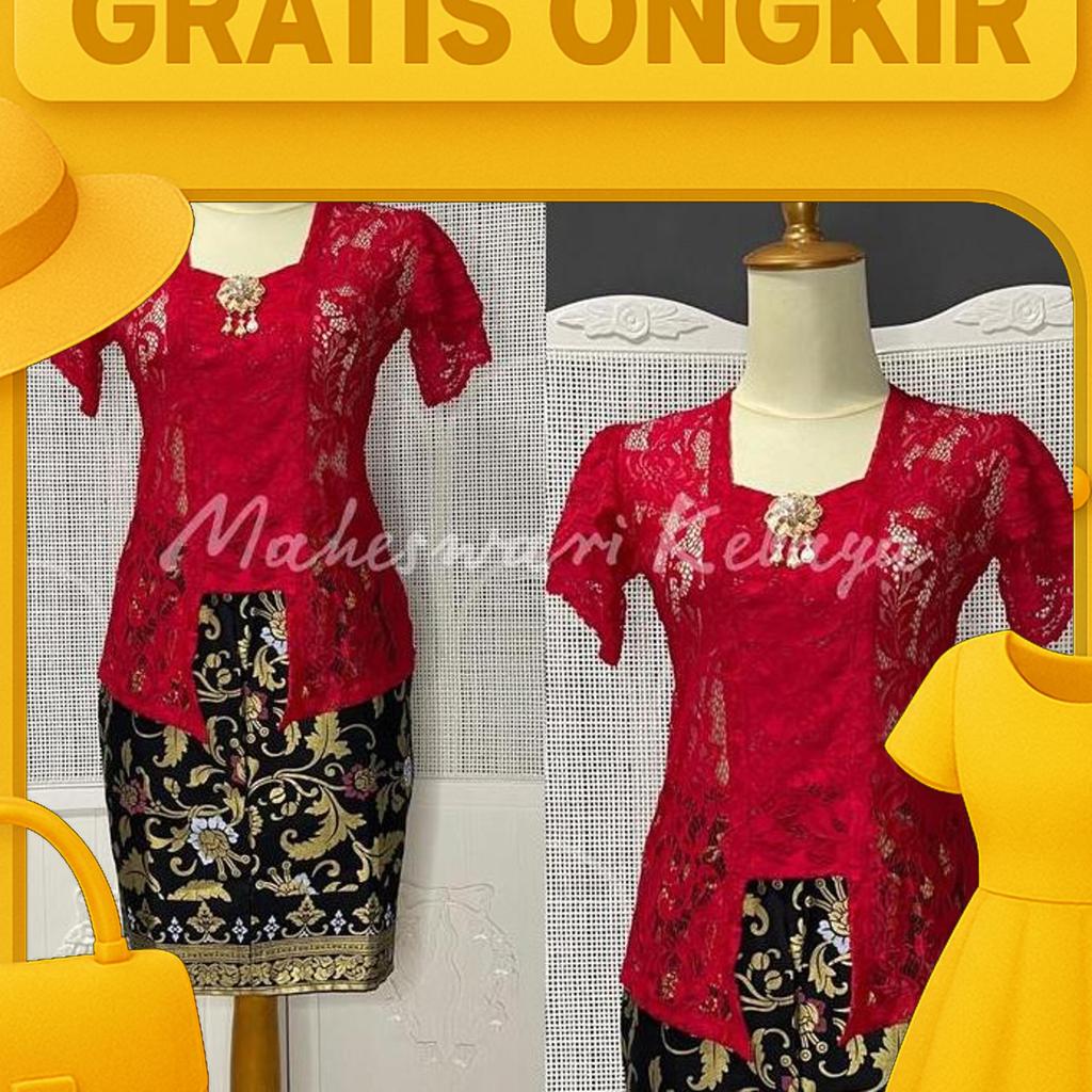 Kebaya Bali Set Brukat Lilit Merah Rok Pendek