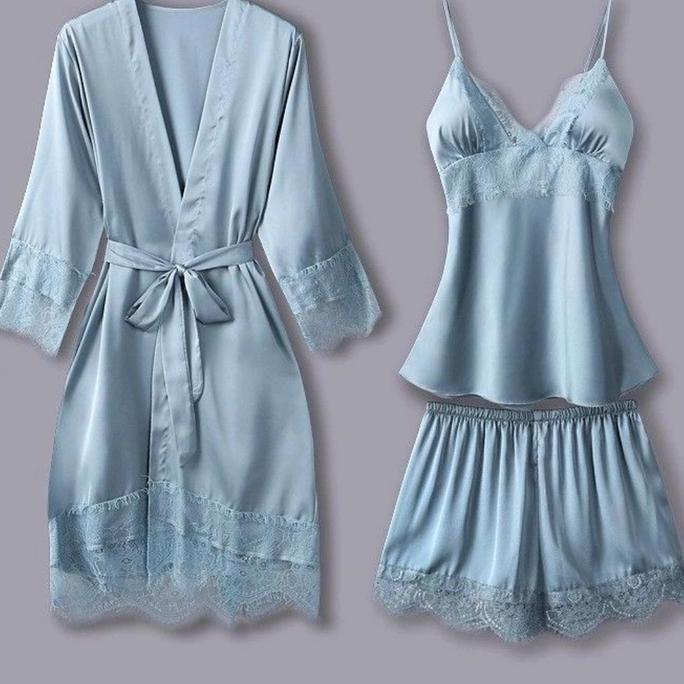 Piyama wanita Kimono satin silk 3 in 1 - Set baju tidur seserahanV8