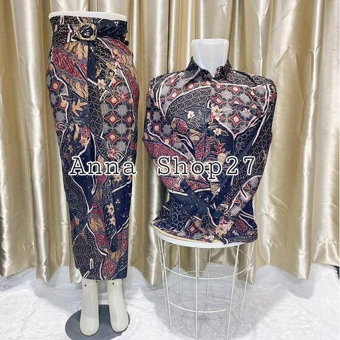 Couple Batik Rok Lilit Couple Kemeja Batik Couple Pasangan Kemeja Lengan Panjang Bahan Sutra Premium